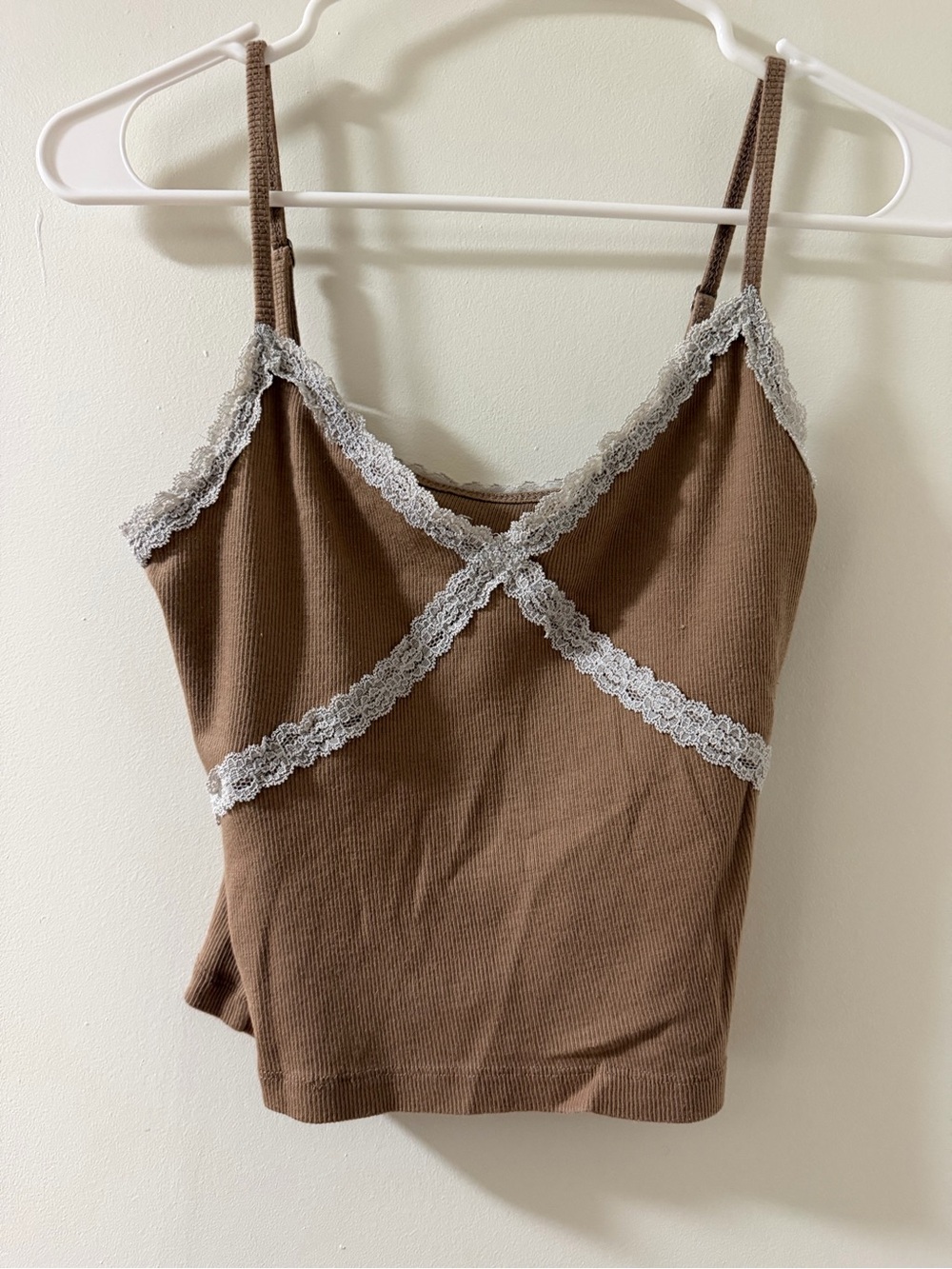 Hollister Ribbed Lace-Trim Camisole Womens L Brown Like New Spaghetti Strap Top